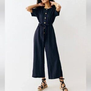 Grae Cove Jumpsuit Women S Navy Blue 100% Linen Short Sleeve Button Front Belted